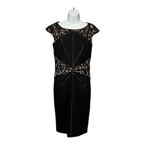 Tadashi Shoji Black Satin Lace Sheath Dress Medium